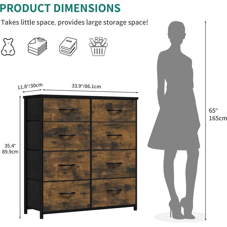 YITAHOME kommode mit Schubladen, Schrank mit 8 Schubladen aus Stoff, Aufbewahrungskommode für Schlafzimmer, Wohnzimmer, Kinderzimmer, Flur, rustikal braun – Bild 3