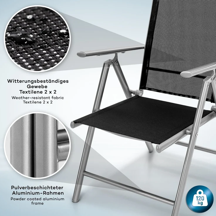 tillvex Gartenstuhl Silber klappbar aus Aluminium | Hochlehner mit Armlehnen | Klappstuhl verstellbar | Klappsessel Balkon Garten Terrasse – Bild 4