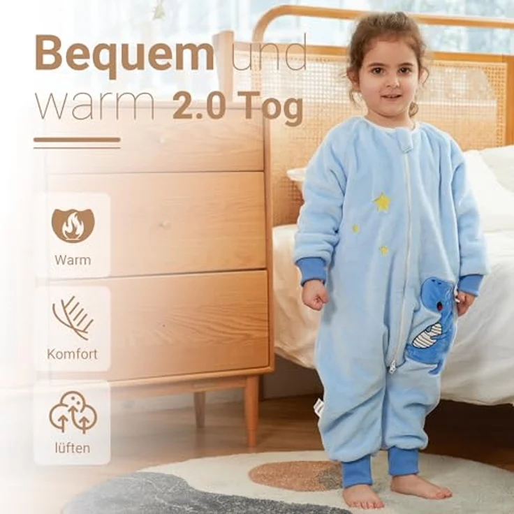 XQ&XG Baby Schlafsack mit Füßen 2.0 Tog,Babyschlafsack mit langen Ärmeln,Schlafsack Kinder mit Beinen für mädchen und Junge,Dinosaurier,90 – Bild 3