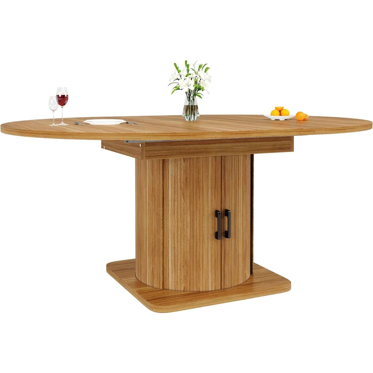 Ausziehbarer Esstisch mit Stauraum, ovaler Esszimmertisch mit Schrank (Naturfarbe)