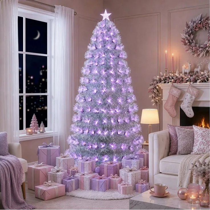 VINGLI Künstlicher Weihnachtsbaum mit Lichtern, Weihnachtsdeko mit Metallständer, für innen & Außen, Lichtfasern, 235 LEDs & 8 Modi, 230 Spitzen, PET, 180 cm, Silber-Lila