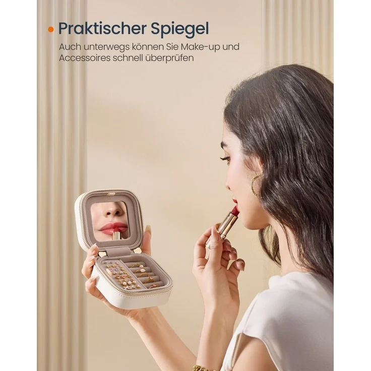 SONGMICS HOME ANAH Kollektion - Schmuckkästchen Reise, Schmuckkasten klein Schmuckaufbewahrung mit Spiegel, PU mit Nähten, Reißverschluss, Geschenkidee, wolkenweiß – Bild 3