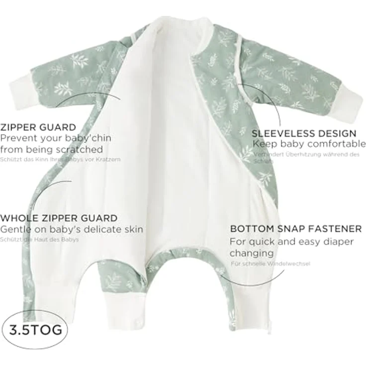 Duomiaomiao Baby Schlafsack mit füßen, Winter mit füßen,100% Baumwolle Schlafsack Baby, Baby Jungen 3.5 tog mit Schlafsack, Cartoon-Laub,Atmungsaktiv (90-100) – Bild 6