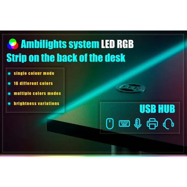 SyberDesk Gaming Pro LED Eckschreibtisch 197 x 132 cm mit LED großer Computer-Schreibtisch, Gaming tisch, USB HUB, (Rechts, schwarz) – Bild 5