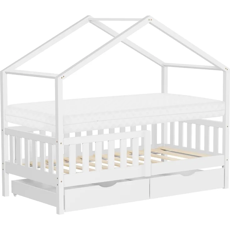 ML-DESIGN Spielbett Hausbett Kinderbett inkl. 2 Schubladen, Lattenrost und Rausfallschutz, Abenteuerbett 80x160 cm mit Matratze Himmelbett Kiefer Jugendbett Weiß