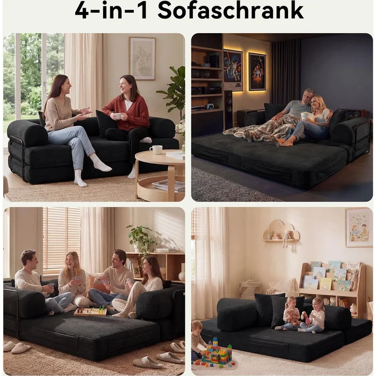 Aoxun Kordstoff Schlafsofa 200×97×70cm, 5-in-1 Umwandelbares Bodensofa, Hochdichter Schaumstoff, Haustierfreundlich, Keine Montage, Schwarz – Bild 3