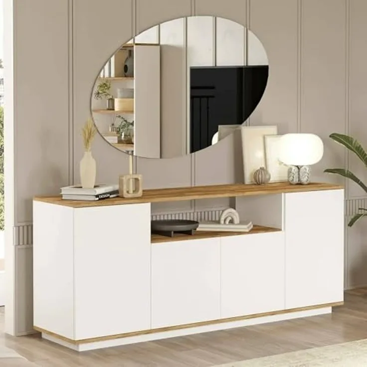 Dmora Buffet Nekkar, Buffet du Salon, Commode de Salon, Garde-Manger de Cuisine, 180 x 45 x 75 cm, chêne et Blanc