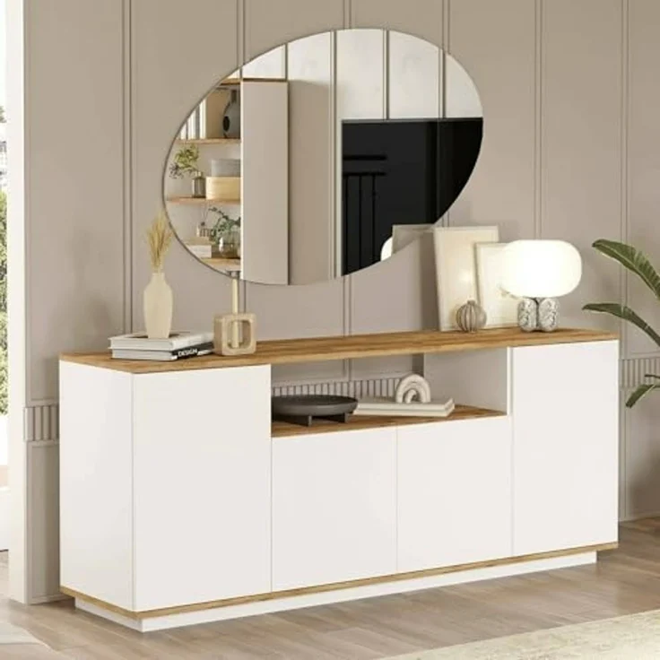 Dmora Buffet Nekkar, Buffet du Salon, Commode de Salon, Garde-Manger de Cuisine, 180 x 45 x 75 cm, chêne et Blanc – Bild 1