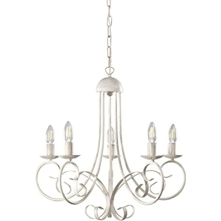 ONLI Pompei Kronleuchter, 5-flammig klassisch elegant, weißes Metallgestell mit braunen Besätzen, handgefertigt in Italien, Durchmesser 60 cm, Höhe 115 cm