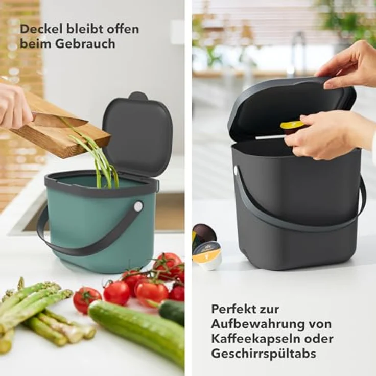 ROTHO Biomülleimer Albula 2er-Set Komposteimer 6l – kompakte Müllbehälter ideal für Küche, Stapelbar, mit Griff & Deckel – 6 l Recycling-Set für jeden Raum – Bild 6