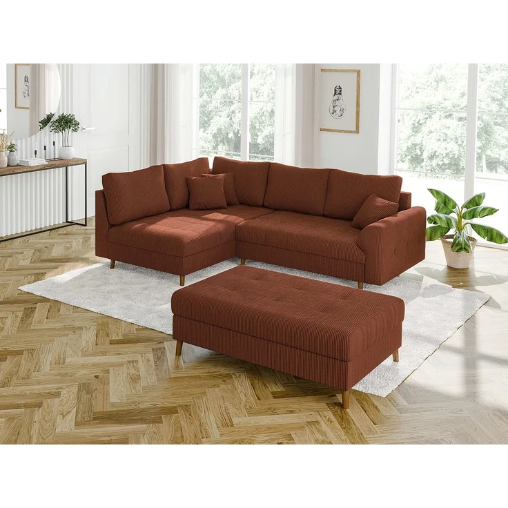S-Style Möbel Ecksofa und Hocker Zara mit Schlaffunktion und Braun Holzfüßen aus Cord-Stoff, Ottomane links oder rechts bestellbar. Schlaffunktion in Kombination mit Hocker möglich, mit Wellenfederung – Bild 5