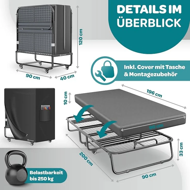 KESSER® Klappbett 200x90cm Gästebett inkl. Matratze aus Memory-Schaum & Rollen | faltbares Reisebett mit Metallrahmen für Erwachsene belastbar bis 250kg | Metallbett mit Schaumstoffmatratze & Cover Anthrazit, Deluxe Plus – Bild 6