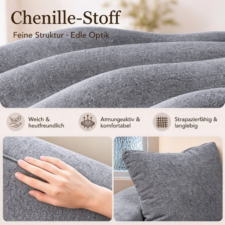 HOMAVO Ecksofa Schlafsofa, Couch L-Form, keine Montage erforderlich, inkl. Zierkissen, FSC® modulares Sofa, optionale Schlaffunktion & flexible Ottomane, Größe modular anpassbar, Stauraum je Sitz & edles Chenille für Komfort – Bild 3