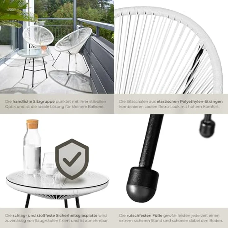 tectake® Set 2X Stuhl 1x Beistelltisch Acapulco, Gartenstuhl, Gartenstühle im Retro Design, Indoor und Outdoor Sessel für Garten, Wintergarten, als Terrassenstühle oder Balkon Sessel - weiß – Bild 6