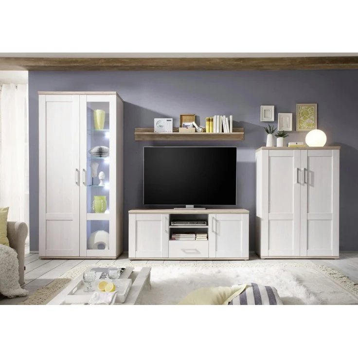 moebel-dich-auf Wohnwand ELEGANCE, (in Sibiu-Lärche Nb. Absetzung: San Remo hell, Vitrine + Wandboard + Lowboard + Stauraumelement), im Landhausstil inkl. LED-Beleuchtung – Bild 2