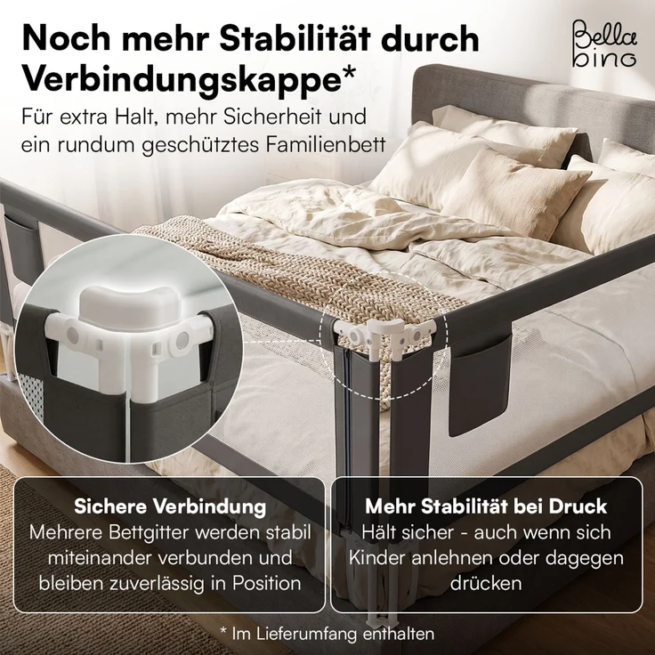 Bellabino 'Drina' Bettschutzgitter, Rausfallschutz klappbar & höhenverstellbar, aus Oxford-Stoff & Metall, 200 cm, dunkelgrau – Bild 8