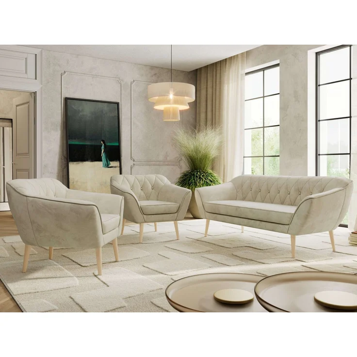 Wohnzimmerset PIRS 1-1-3, Skandinavisches 3-Sitzer Sofa mit Sesseln, Sofa mit Wellenfederung, Buche Füße, Skandinavisches Möbelset - Beige Velvet – Bild 4