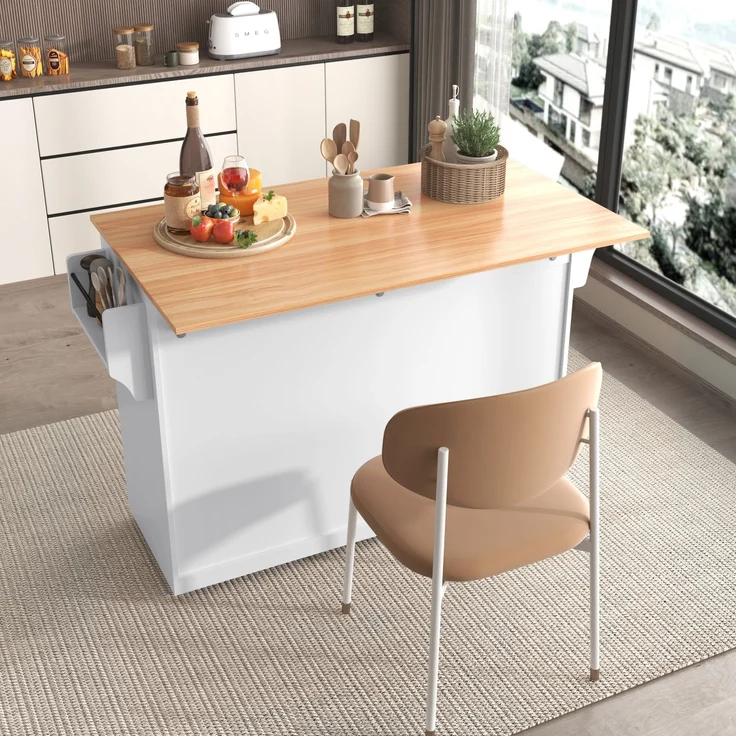 Servierwagen 120x46x91 cm mit klappbarer Tischplatte, Rollen und austauschbaren Holzfüßen, Kücheninsel und Sideboard, Weiß & Natur – Bild 5