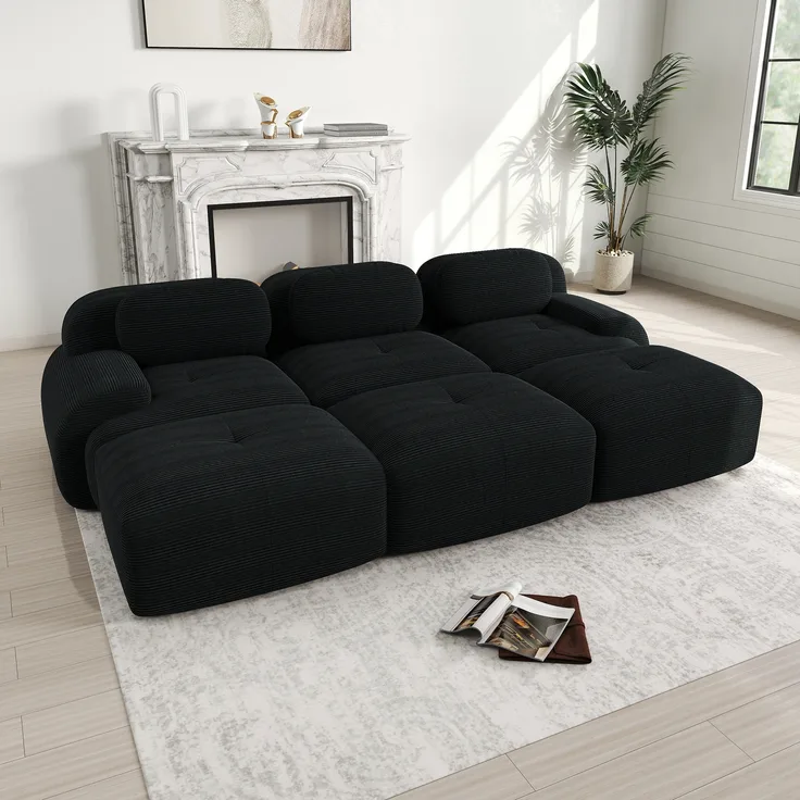 Modulares 3-Sitzer-Sofa mit 3 Hockern aus Cordstoff,montagefreie Lieferung haustierfreundlich ultra-breite Armlehnen 32D hochelastische Polsterung für Wohnzimmer und Heimkino,Cordstoff,Black,