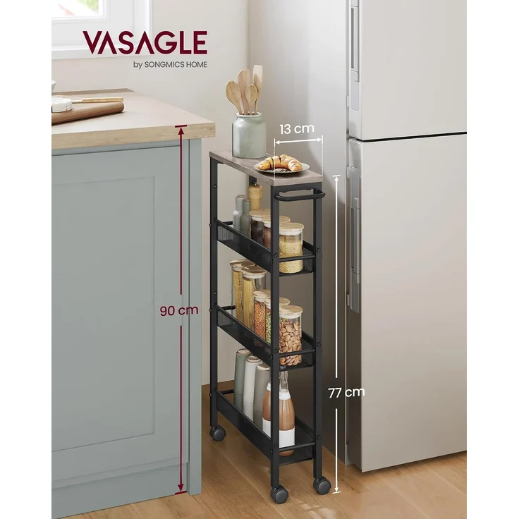VASAGLE Rollwagen 4 Ebenen, Küchenwagen schmal, Nischenregal, Küchenregal auf Rollen, Stahlgestell, Griff, für kleine Räume, Küche, Bad, Wohnzimmer, Arbeitszimmer – Bild 3