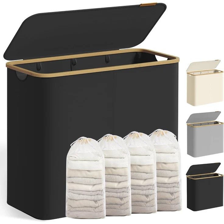 SONGMICS Wäschekorb mit Deckel, Wäschesammler mit 4 Fächern, 200 L, herausnehmbarer Wäschesack, Oxford-Gewebe, Griffe aus Bambus, zusammenklappbar, 78 x 38,5 x 70,5 cm, tintenschwarz LCB514BH01