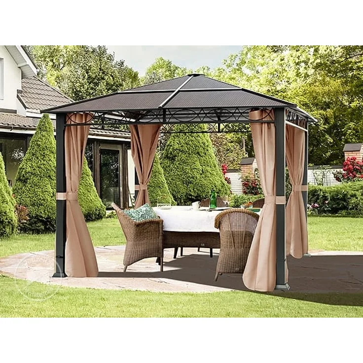 Gartenpavillon 3x3 m wasserdicht ALU Deluxe Pavillon mit 4 Seitenteilen Partyzelt in taupe lichtdurchlässiges PC Dach