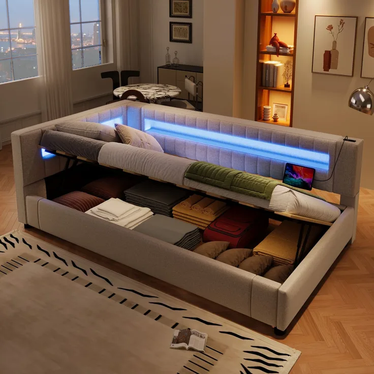 Rayofly-Leinen Daybett H200cm x T90cm x B90cm, Tagesbett Schlafsofa, LED-Lichtleiste am Fußende, hydraulischer Stauraum, USB & Type-C Anschluss, ohne Matratze, Beige