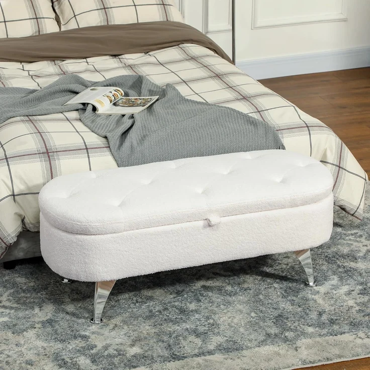 HOMCOM Sitzbank mit Stauraum Polsterbank mit Teddysamtoptik, Sitztruhe mit Metallbeine, Truhenbank für Wohnzimmer Schlafzimmer Flur 114 x 47 x 46,5 cm, Weiß – Bild 2