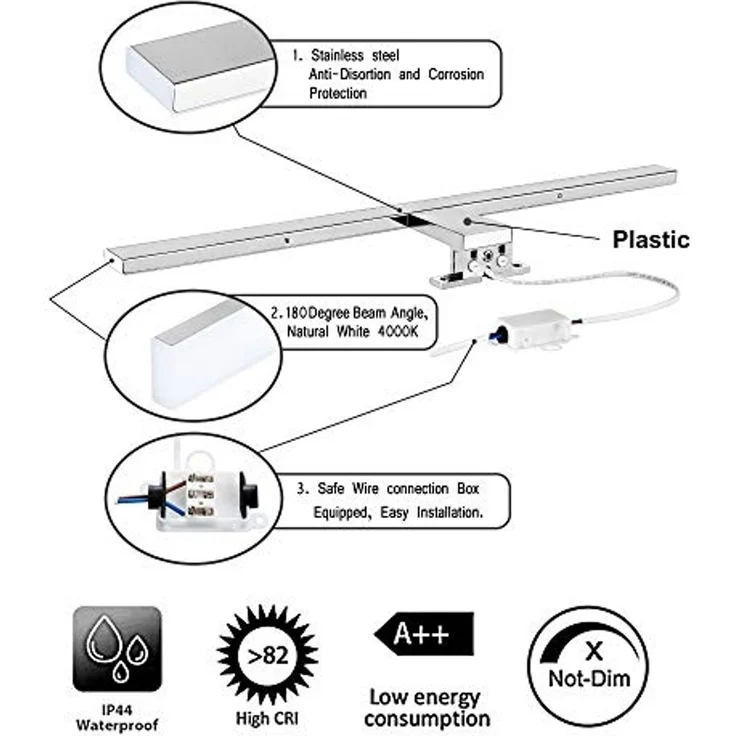 Aourow LED Spiegelleuchte Bad Spiegel Lampe 10W 820lm 40cm Neutralweiß 4000K,3 in 1 Spiegellampe Badezimmer/Badleuchte/IP44 230V,Nickel Chromstahl LED Schrankleuchte – Bild 3