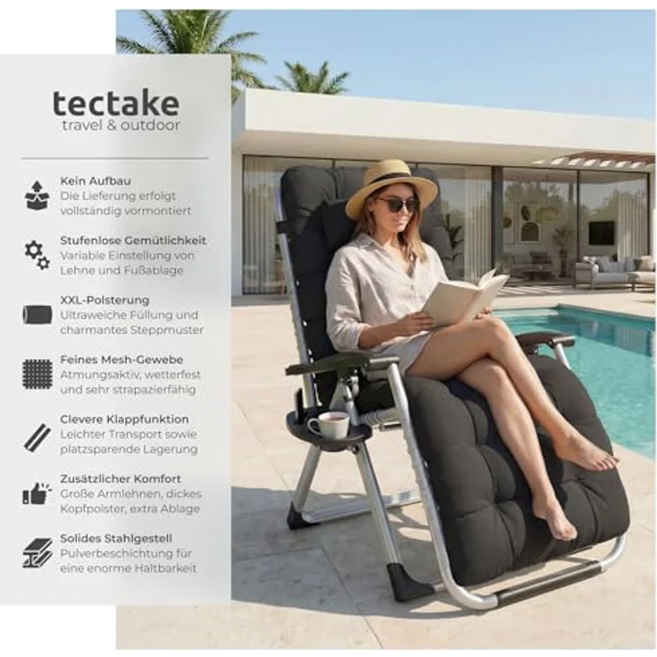 tectake® Sonnenliege klappbar, Liegestuhl, Gartenliege stufenlos verstellbar, Outdoor Sessel für Balkon oder Garten, Liege mit extra Dicker Auflage, Relaxliege belastbar bis 200kg (Schwarz) – Bild 5