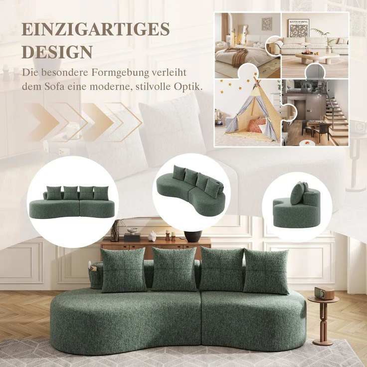 Großes Stoffsofa 240 cm mit Getränkehaltern, Seitentaschen und 4 Kissen, gepolsterte Couch mit Schaumstoff und Federleisten für Wohnzimmer, Grün – Bild 11