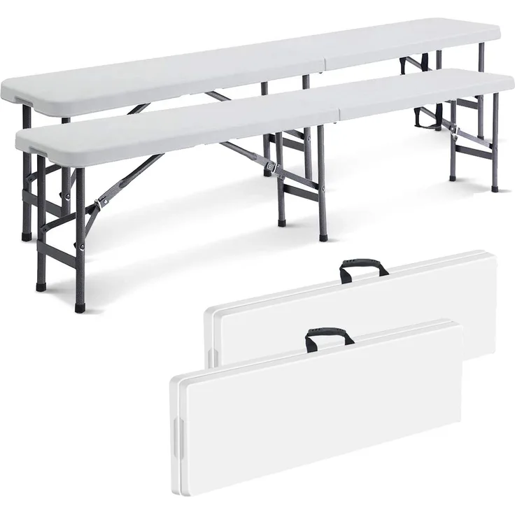Todeco klappbarer Gartenbank 2er Set 183 x 43 x 30 cm, Bierbank Metall, Partybank für Camping BBQ Party Buffet Hochzeit, Weiß