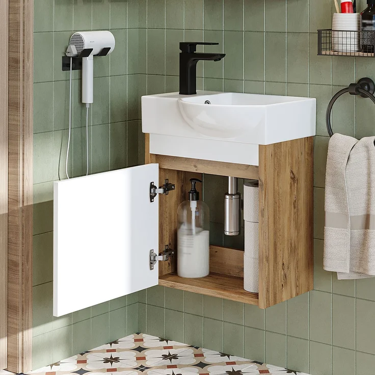 Roomart LEO Badmöbel Set– 2-teiliges Badezimmermöbel Set - Waschbecken mit Unterschrank - H 45 x B 24.5 x T 46.5 cm • Weiß-Eiche – Bild 2