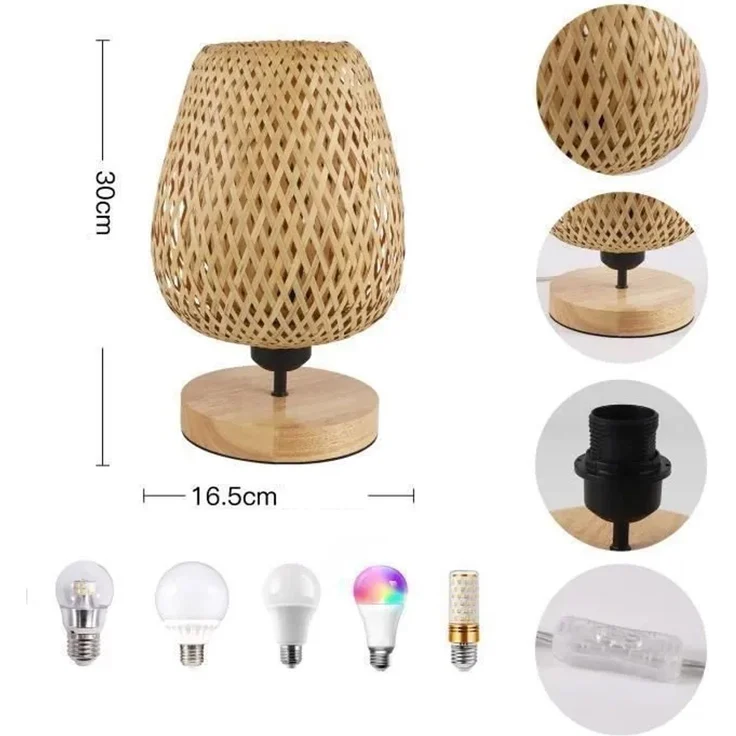 DELIPOP – Rustikale Nachttischlampe – E27 60 W – Natürliches Bambusholz – Für Büro, Wohnzimmer, Schlafzimmer, Küche – Warmes Gelb – 16,5x16,5x30cm – Bild 5