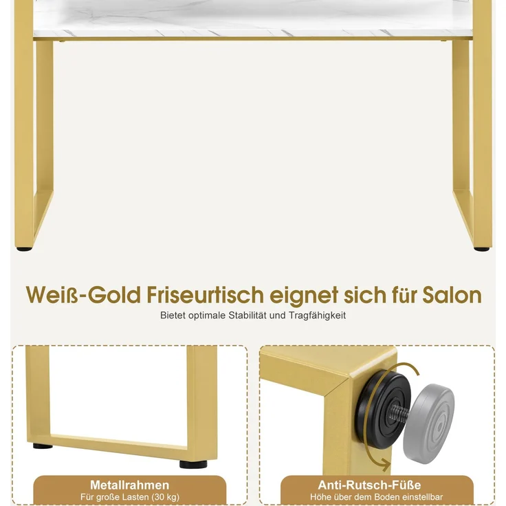 BarberPub Friseurtisch mit 2 Schubladen & Offener Ablage, Schreibtisch Marmor-Weiß Gold, Schminktisch ohne Spiegel, Friseurplatz für Friseursalon, Computertisch Schlafzimmer, 40x100x80cm, 3579 – Bild 6