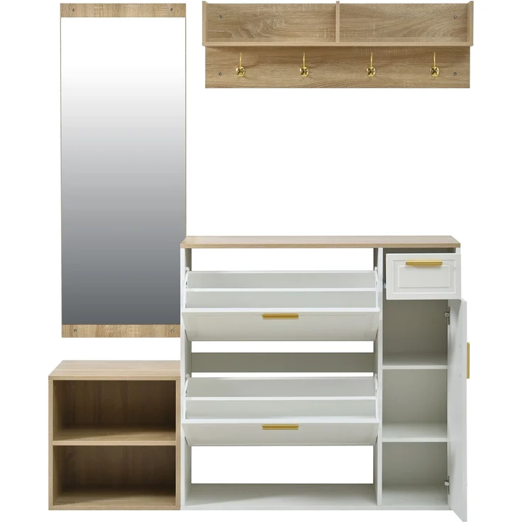 CHICFURN Schrank 139,5x166x35 cm als 4-tlg. Garderoben-Set mit Schuhschrank und Sitzbank Natur+Weiß – Bild 9