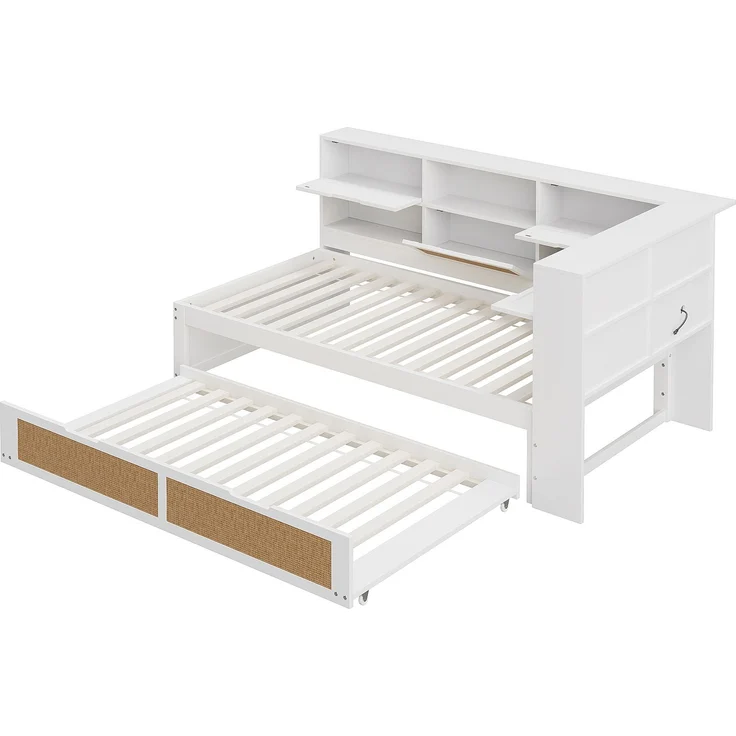 Multifunktionales Massivholz-Schlafsofa mit Ausziehbett 90x200 cm, Stauraum & USB-Anschlüssen, Gäste- & Tagesbett, Weiß – Bild 8