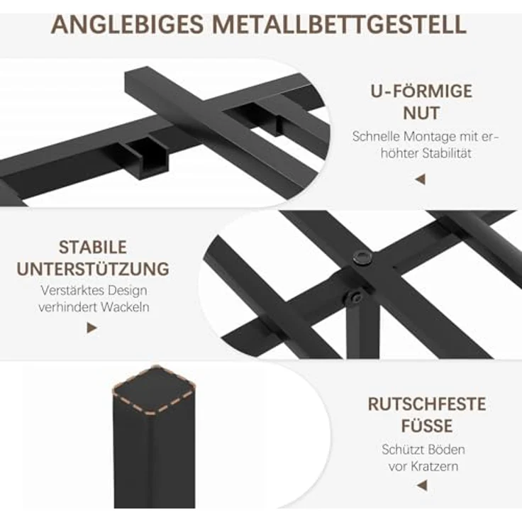 VECELO 2er-Set Bettgestelle 90x200 cm, Einzelbetten mit Holzkopfteil und Metall-Lattenrost, stabil und geräuschlos, mit 31 cm Stauraum, Industrial Design für Schlafzimmer, Braun – Bild 7