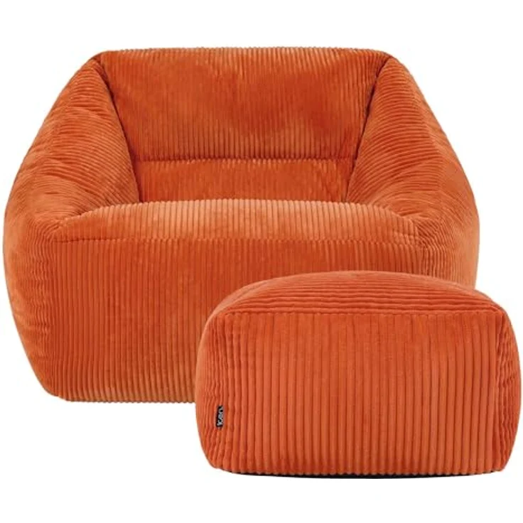 Icon Natalia Sitzsack Sessel mit Hocker für Erwachsene, Orange, Flauschiger Cord Stoff, Riesen Sitzsack Cord mit Füllung, Bean Bag Chair, Bequemer Sessel Wohnzimmer, Lounge, Schlafzimmer, Büro – Bild 2
