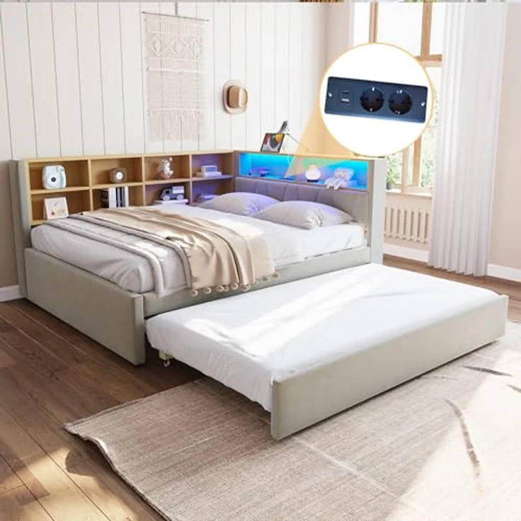 Ball & Cast Schlafsofa (140x200cm & 90 * 190cm) Tagesbett mit USB-Anschlüssen und Leuchten, Einzelbett mit Mehreren Ablagefächern, Ohne Matratze, Hellgrau – Bild 1