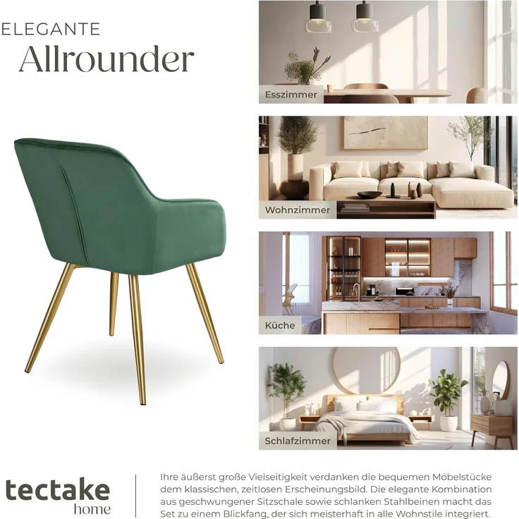 tectake®4er Set Esszimmerstuhl, Sessel bequem mit Armlehne, Polsterstuhl, Samtstoff Cocktailsessel, Loungesessel für Wohnzimmer, Esszimmer, Moderne Küchenstühle, Bürostuhl - dunkelgrün/Gold – Bild 8