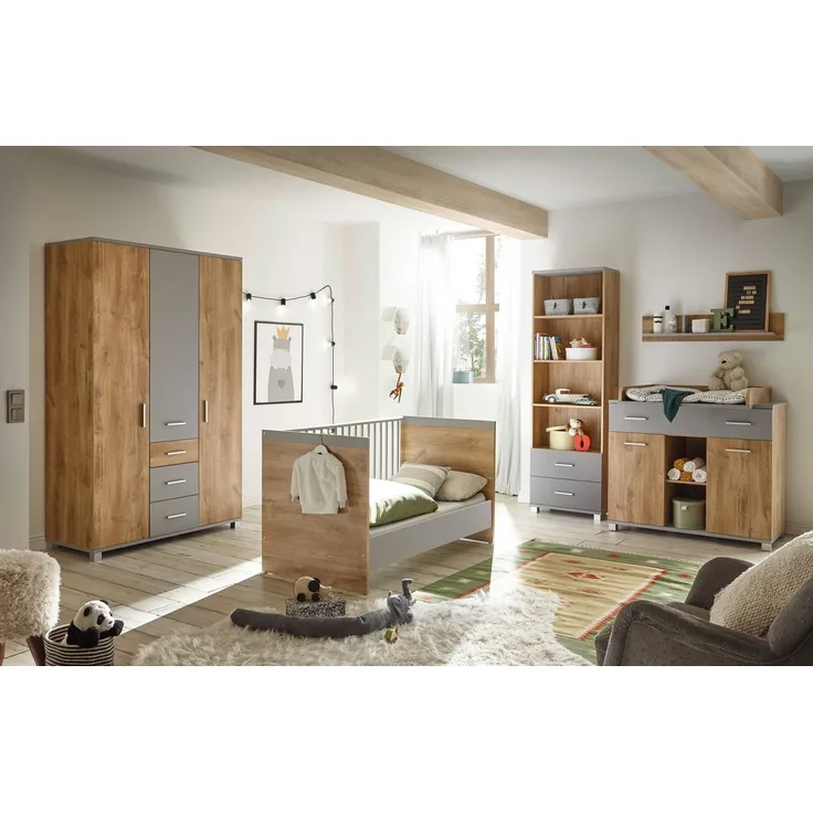 Babyzimmer Larissa 5 teiliges Kinderzimmer Komplett Set in Bolton Oak und Arktisgrau