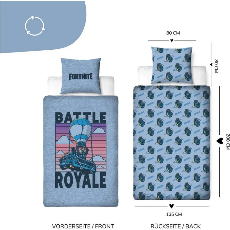MTOnlinehandel Bettwäsche Fortnite Battle Royale, 135x200 + 80x80 cm, Geschenk für Gamer, 100% Polyester, 2 teilig, Wende-Motiv für Gamer • Battle Bus – Bild 3