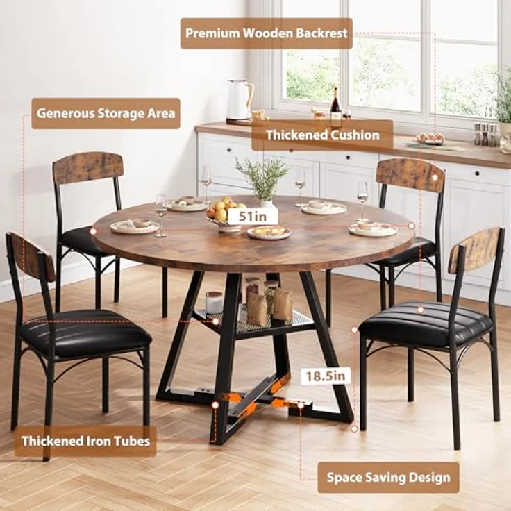 Jocoevol Runder Esstisch und 4 Esszimmerstühle Set, Essgruppe 5-Teilig, Esszimmertisch mit Ablage und 4 stühle, platzsparender Küchentisch aus Holz im Industrial Design (Vintage Braun, 130 x 130 x 76 cm) – Bild 5