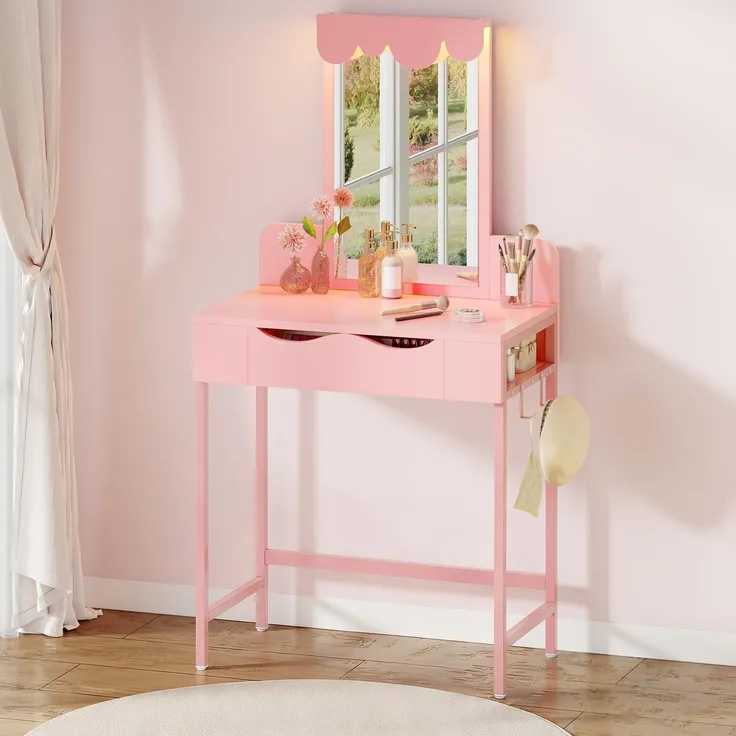 Schminktisch mit Beleuchtung,Stoffschubladen Frisiertisch mit Spiegel Schubladen Einstellbarer Helligkeit,Schminktische mit Türen, Make up Tisch mit Schmuckablage Verstellbaren Ablagen,Holzfarbe