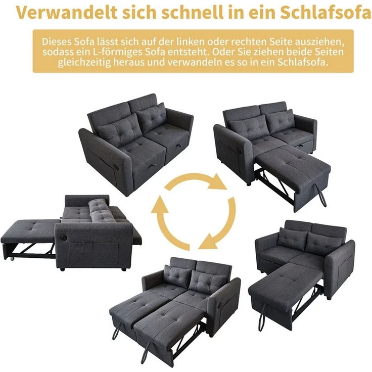 Odikalo Schlafsofa 3-in-1 2er-Sofa Ausziehbar Verstellbar Rückenlehne USB Weiß/Schwarz – Bild 3