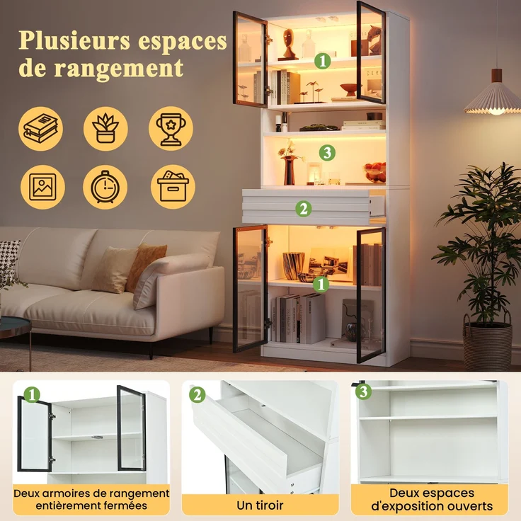 Vitrine Display Schrank 80 x 35 x 200 cm aus MDF, Bücherschrank mit 4 Glastüren, 1 Schublade, App‑gesteuerter RGB LED‑Beleuchtung,hohe Schränke, Weinschränke, vitrinen schrank für Wohnzimmer,Weiß--Weiß--80x35x200cm--YOUDENOVA – Bild 10