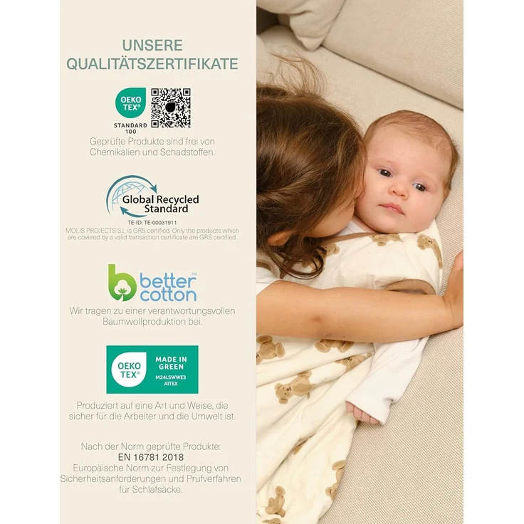 molis&co - Baby Schlafsack ärmellos - Ideal für Frühling und Herbst - Babyschlafsack 1 tog ohne Ärmel - Leicht gepolstert - 100% Baumwolle (Oeko-TEX 100), Premium Qualität - Teddy (70 cm) – Bild 6