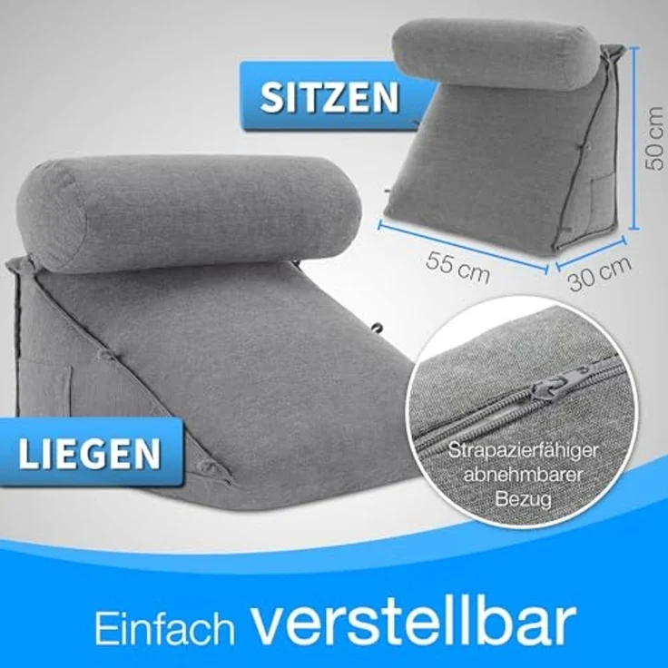 aktivshop Rückenkissen mit Nackenrolle für Bett & Sofa, 55x50x30cm, waschbarer Bezug – Bild 6