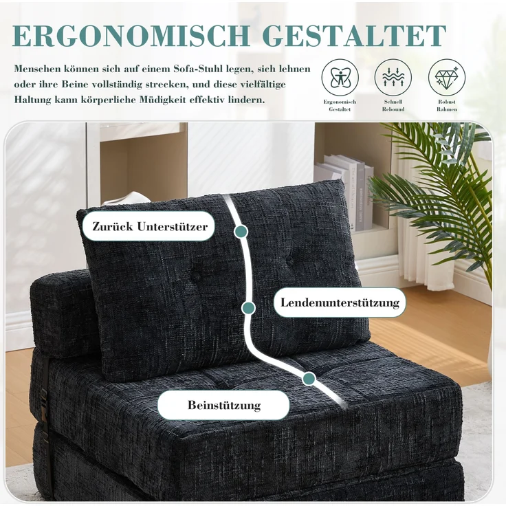 Klappbares Schlafsofa Chenille Schwarz, 79x79x57 cm (aufgeklappt 79x180 cm) – Bild 8